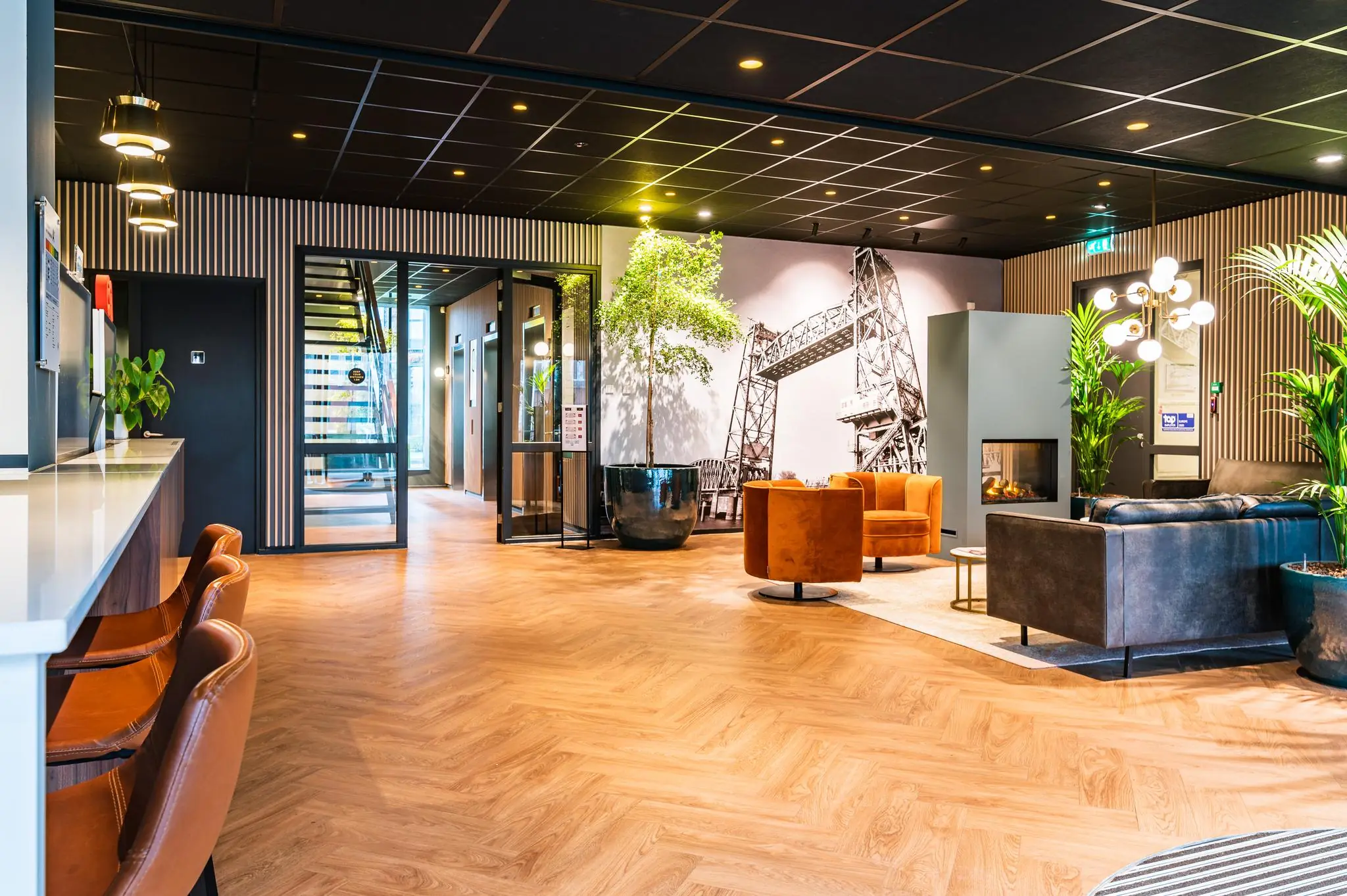 Moderne lobby met zitgedeelte, planten, warme verlichting en een muurdecoratie van de George Hintzenweg.